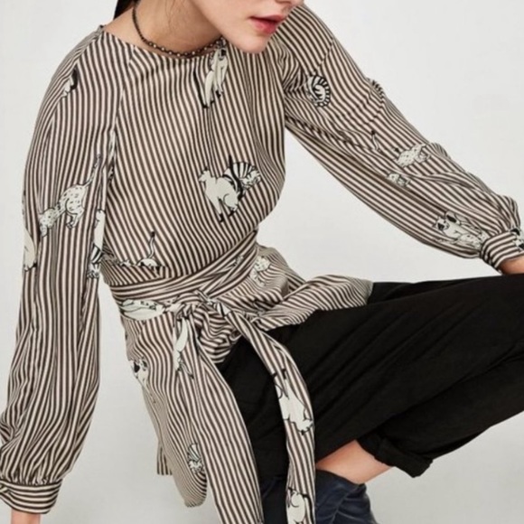 ZARA Cat Print striped button-up/wrap blouse - Picture 2 of 8